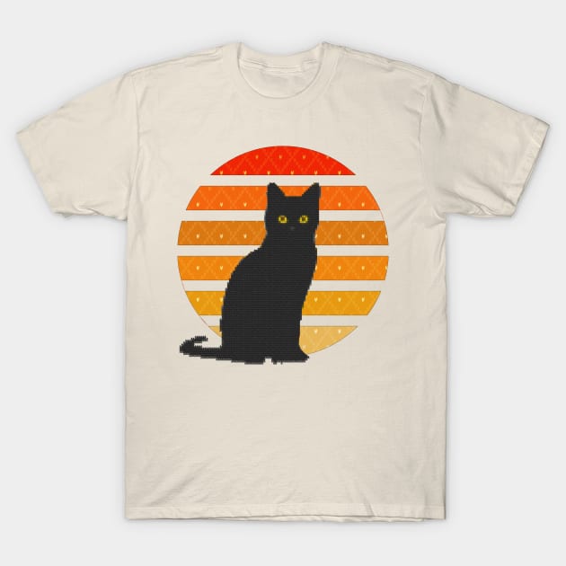 Black Cat Retro Sunset T-Shirt by MidnightSky07